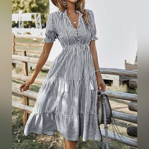 Shein Women's Striped Green & White Summer Casual Dress. NWOT. Size Small.